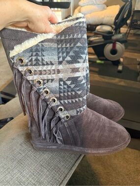 BearPaw Brown Suede Fringe Knit-Cuff Women's Western Cozy Boots